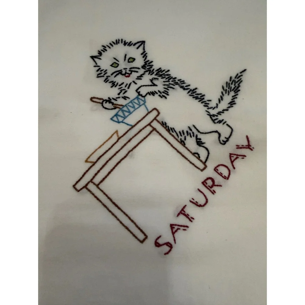 Vintage Hand Embroidered Kitten Days of the Week Tea Towels Friday Saturday Set